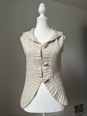 BHS Cream Knit Y2K Cottagecore Preppy Boho Sleeveless Hooded Cardigan‎ Size 12